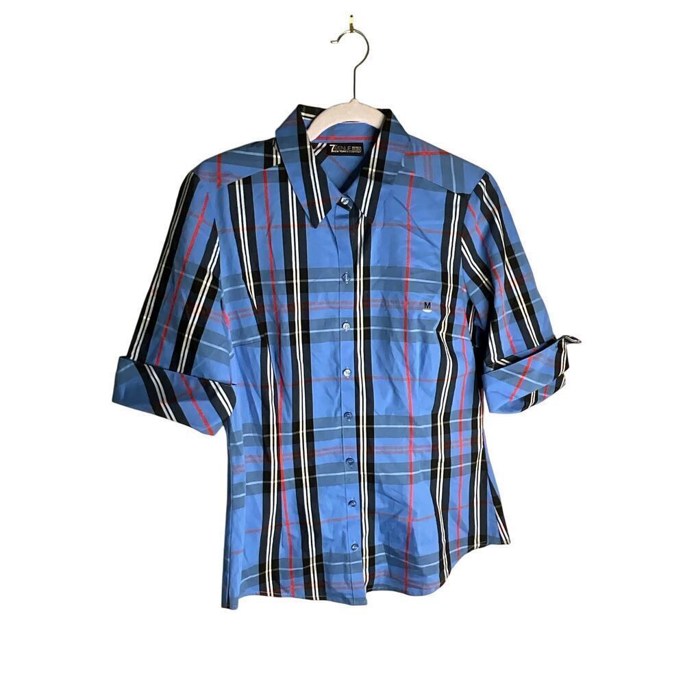 New‎ York & Company Plaid Shirt Short Sleeve Button Up  Blue Womens Medium NWT